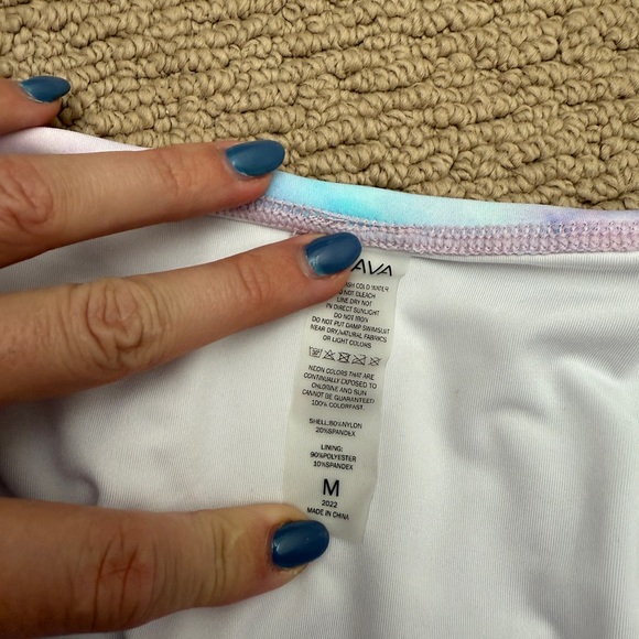 Kiava watercolor asymmetric bikini top with ruched high rise bottoms, size med - Picture 4 of 9